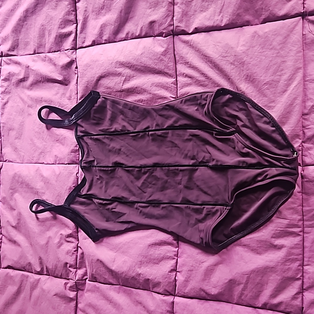 Eurotard plum camisole leotard with velvet princess seam piping & straps size M